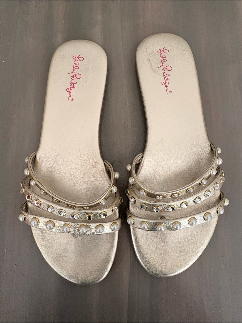 Lilly Pulitzer Gold Pearl-Embellished Slide Sandals
